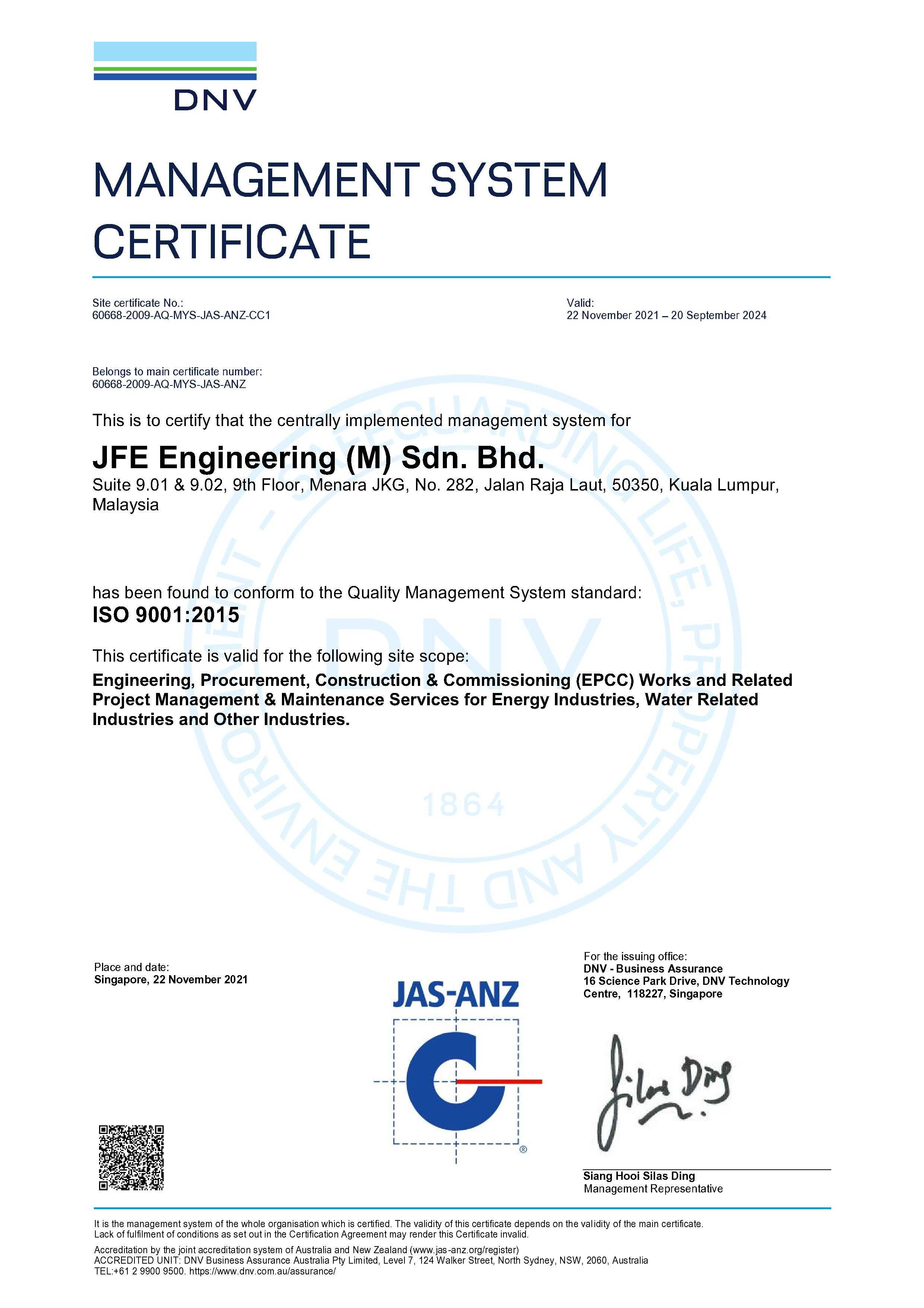ISO 9001:2015 JFE Engineering (M) Sdn Bhd